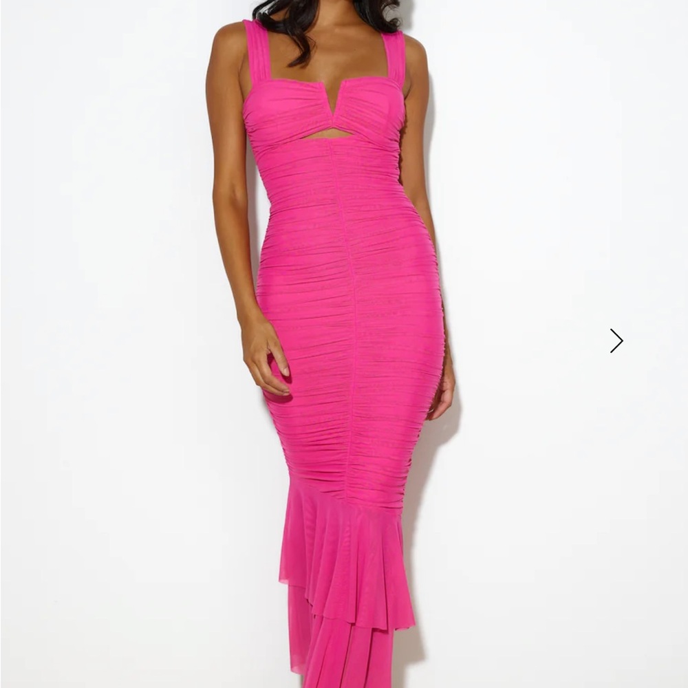 Hello Molly Hot Pink Ruched Midi Dress with Flared Hem